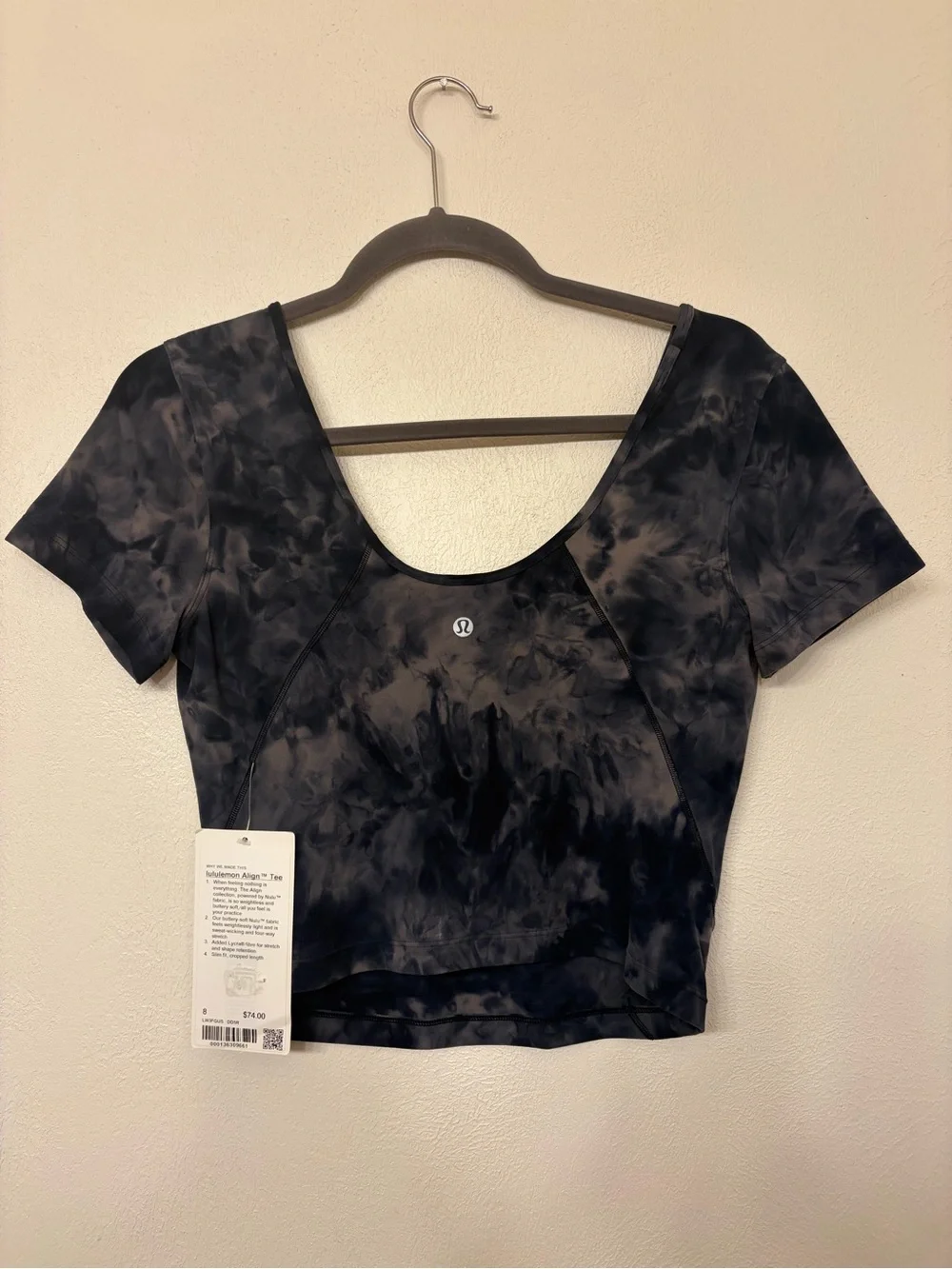 Lululemon Women’s Navy Blue Tie Dye Align Short Sleeve Cropped Shirt Size 8